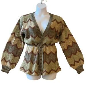VINTAGE 70s Gisele de Lichiaa Paris Herringbone Cardigan Sweater Size Large